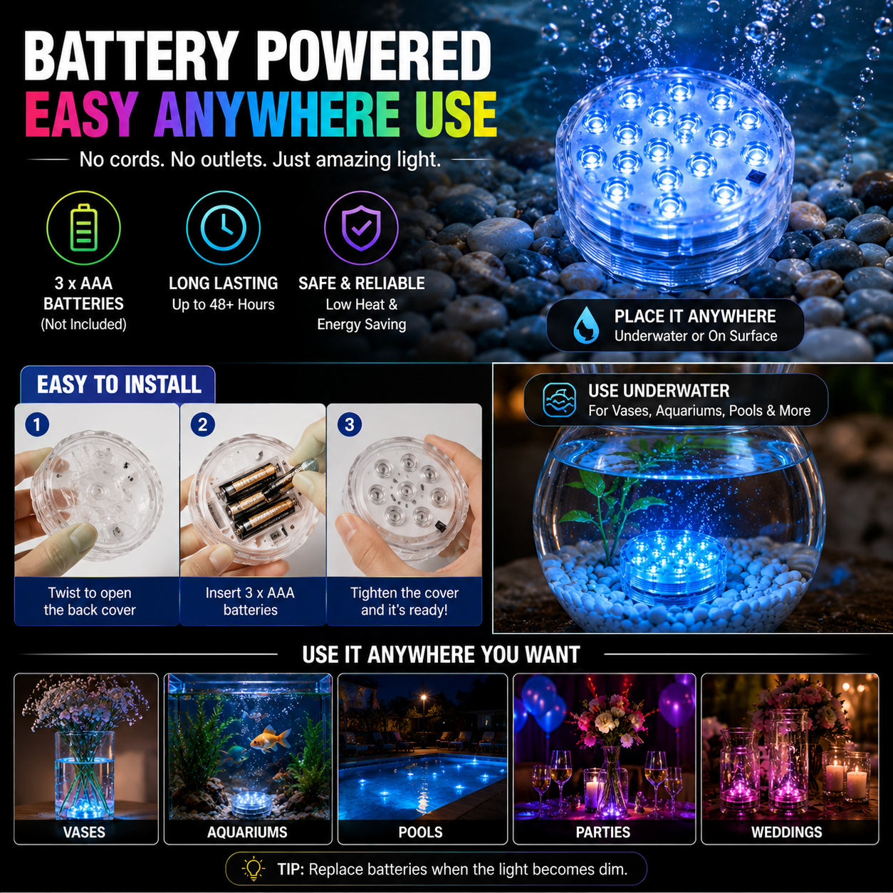 🔥Submersible LED Waterproof Lights – 16 Color Remote Control Aquarium & Party Atmosphere Light