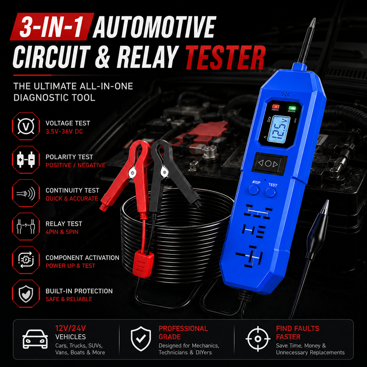 π3-in-1 Automotive Power Circuit Probe & Relay Tester β 12V/24V Electrical Diagnostic Tool