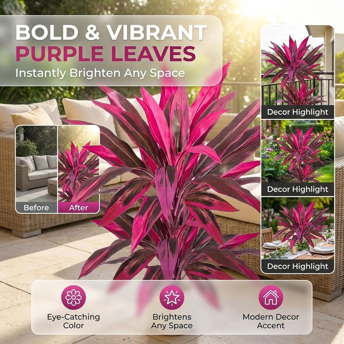 2Pcs Artificial Boston Fern & Dragon's Blood Tree Plants | Vibrant Pink Purple Faux Plants for Garden Patio Balcony Decor 🌼