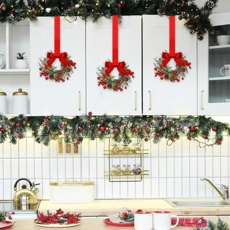 6-Pack 10" Christmas Mini Cabinet Wreaths for Kitchen with Ribbon Bows Red Berry