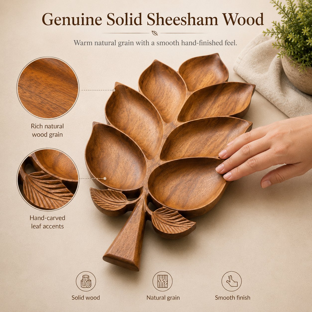 Hand-Carved Solid Sheesham Wood Leaf Serving Tray