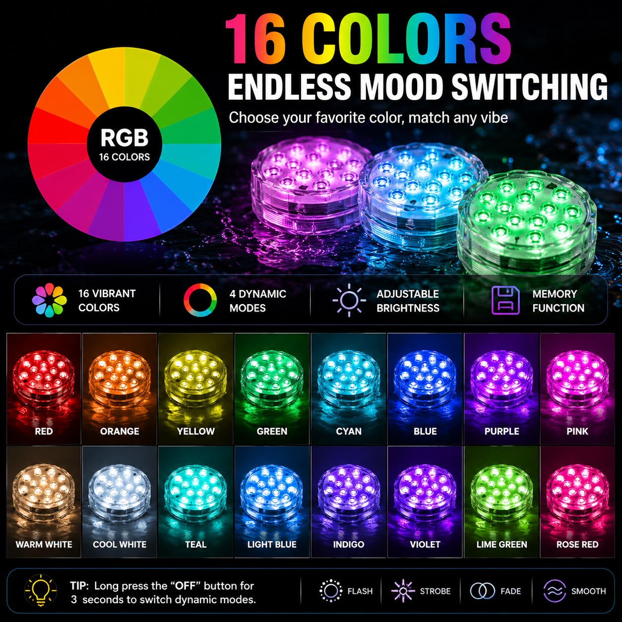 🔥Submersible LED Waterproof Lights – 16 Color Remote Control Aquarium & Party Atmosphere Light
