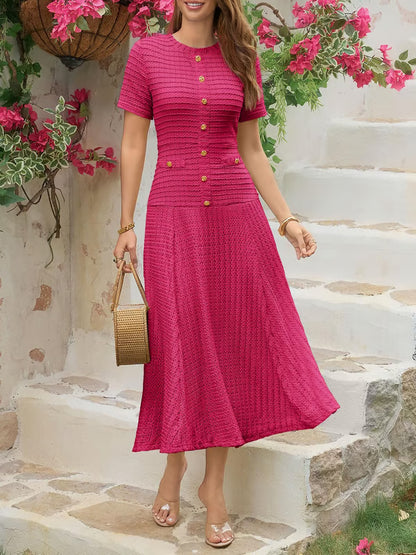 Wenrine Elegant Textured Button Midi Dress