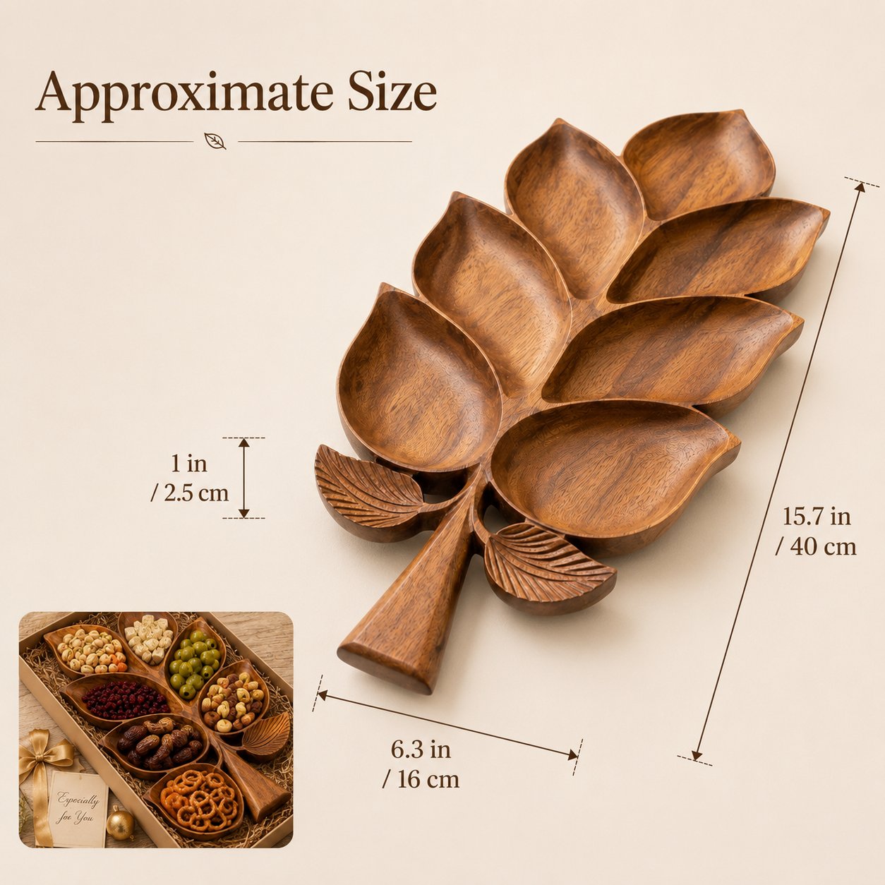 Hand-Carved Solid Sheesham Wood Leaf Serving Tray