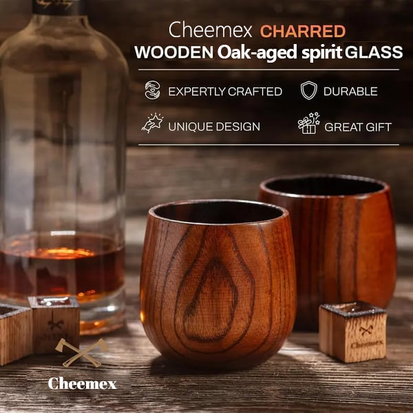 🥃 Cheemex-Wooden Whiskey & Oak-aged spirit Drinking Glass Tumbler Cup,Charred or Uncharred Old Fashioned Glass