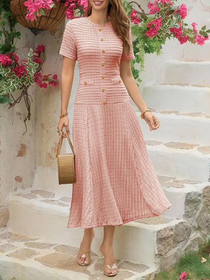 Wenrine Elegant Textured Button Midi Dress
