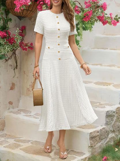 Wenrine Elegant Textured Button Midi Dress