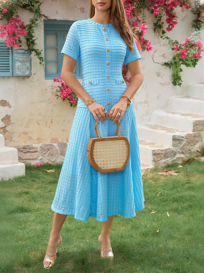 Wenrine Elegant Textured Button Midi Dress