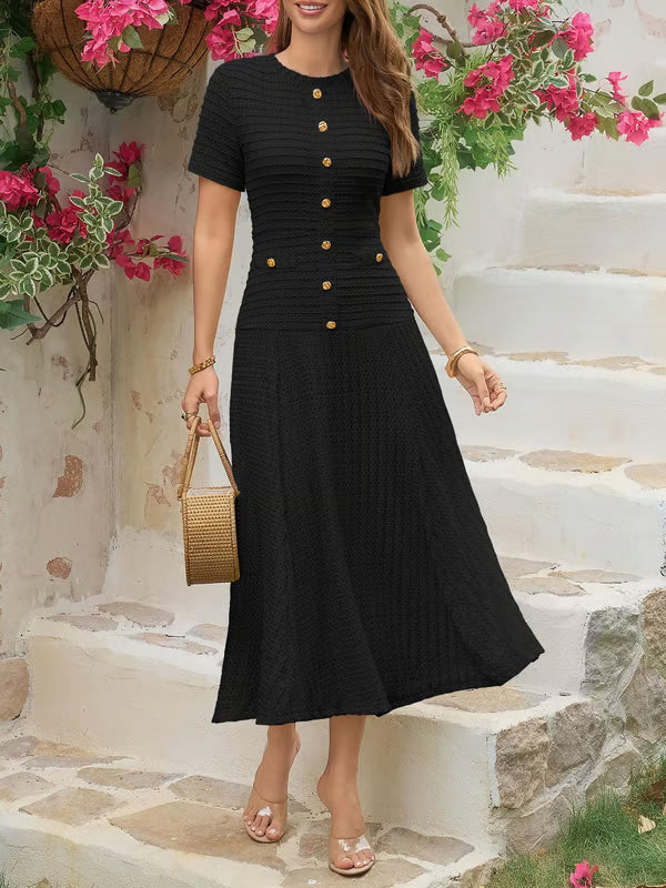 Wenrine Elegant Textured Button Midi Dress