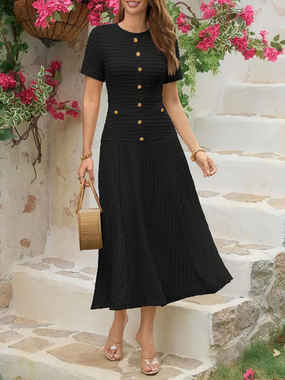 Wenrine Elegant Textured Button Midi Dress