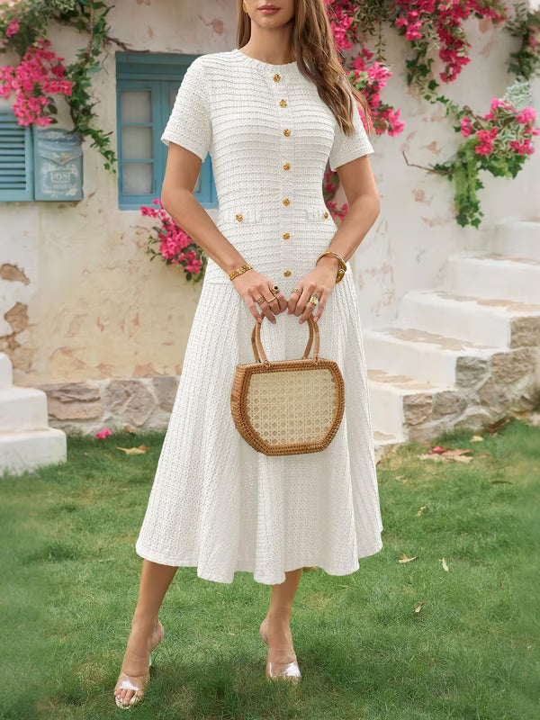 Wenrine Elegant Textured Button Midi Dress