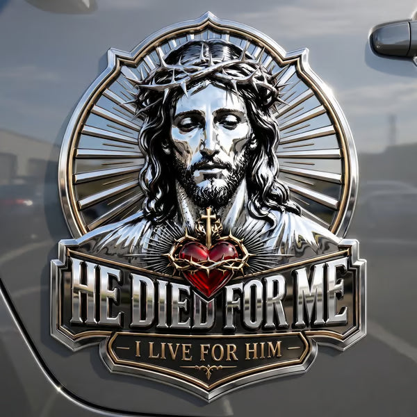 ❤️He Died For Me 3D Metal Emblem ✝️ | Waterproof • No Fade • No Rust • Adhesive & Magnetic (2-in-1) 🧲