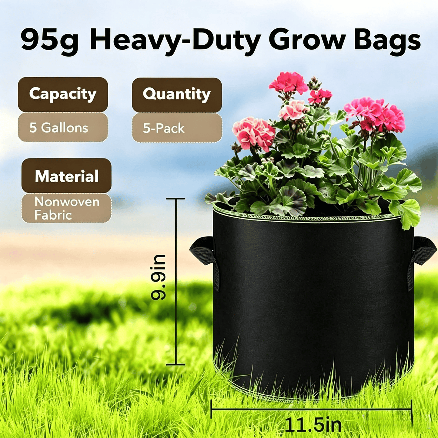 5-Pack 10 Gallon Grow Bags