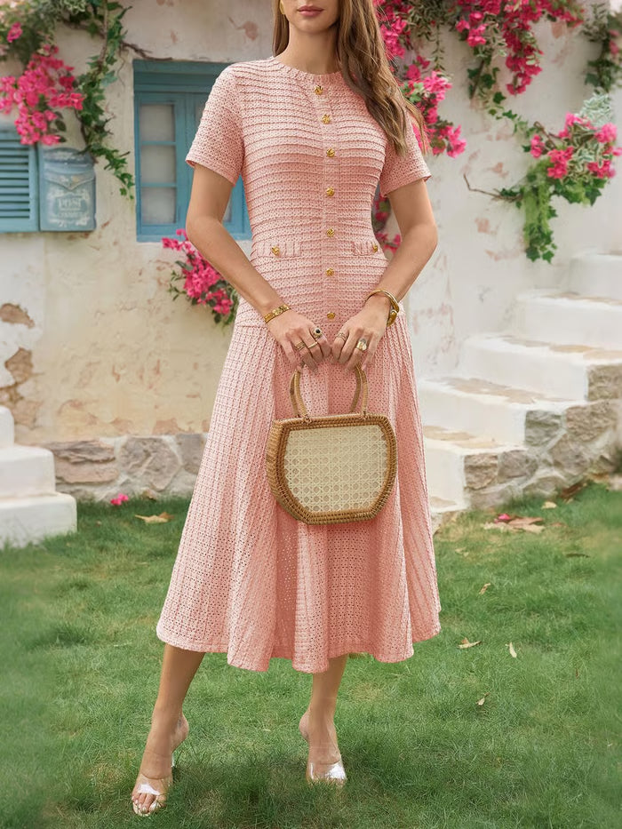 Wenrine Elegant Textured Button Midi Dress