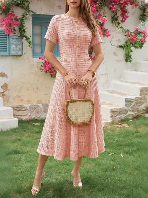 Wenrine Elegant Textured Button Midi Dress