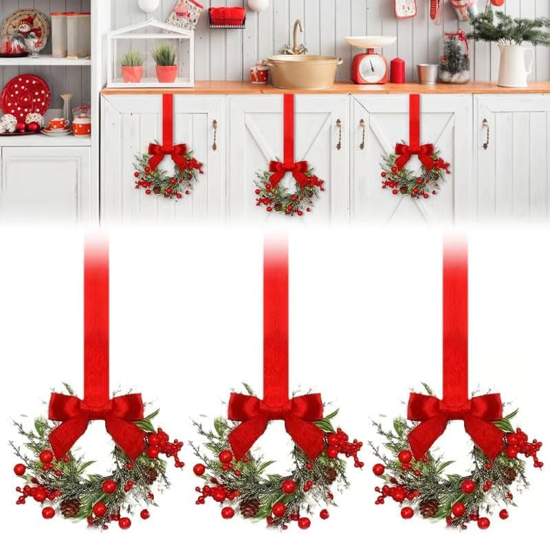 6-Pack 10" Christmas Mini Cabinet Wreaths for Kitchen with Ribbon Bows Red Berry