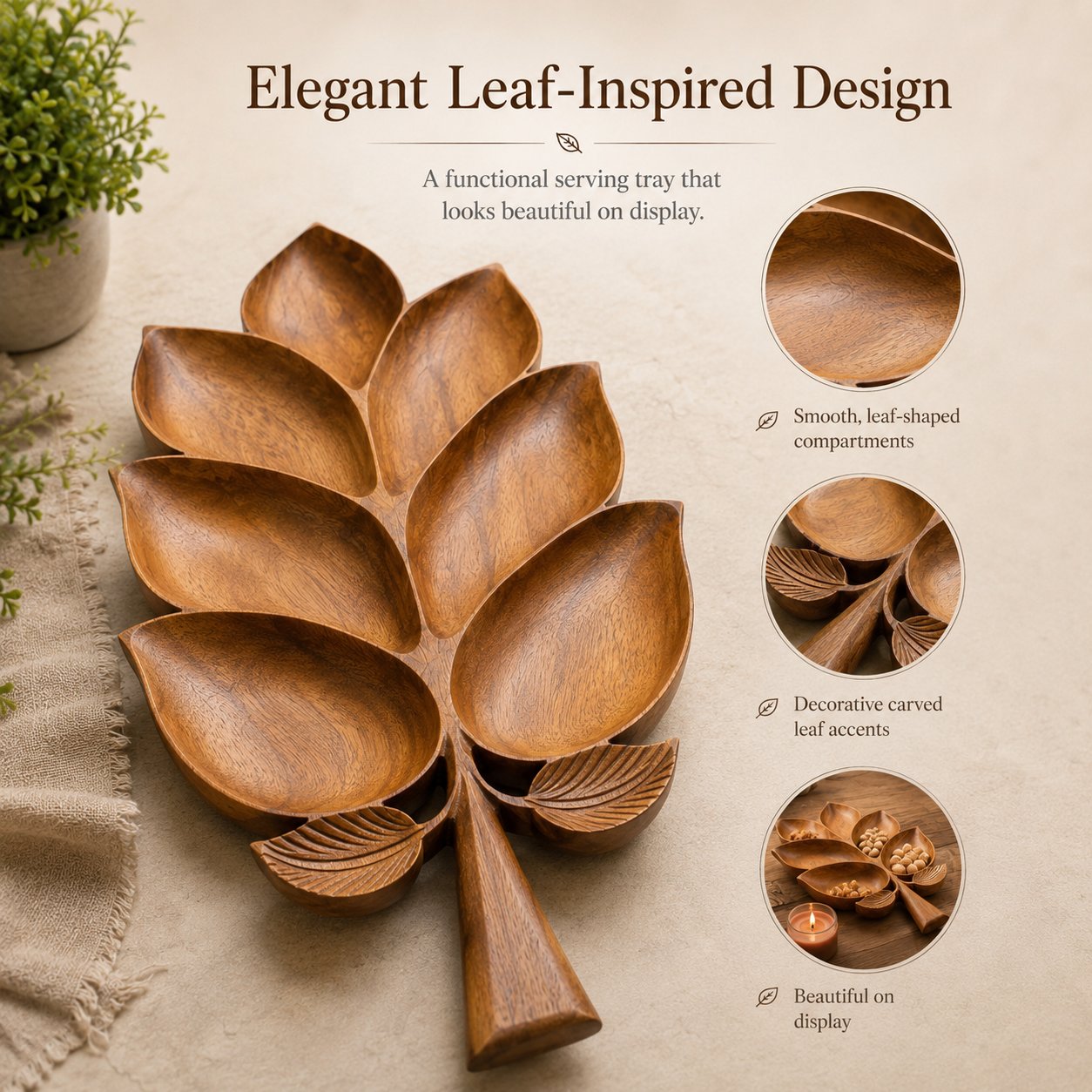 Hand-Carved Solid Sheesham Wood Leaf Serving Tray