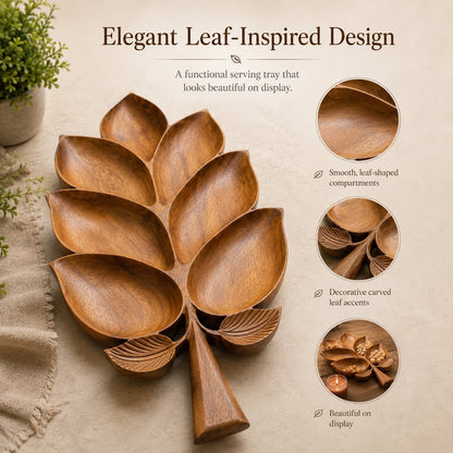 Hand-Carved Solid Sheesham Wood Leaf Serving Tray