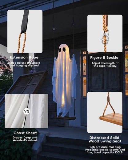 🎃FLASH SALE 55% OFF👻 5FT Light-Up Swinging Ghost⚡Bring Your Porch to Life