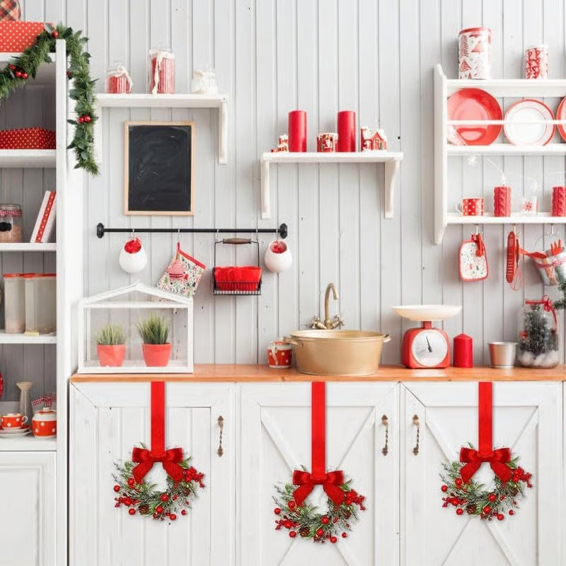 6-Pack 10" Christmas Mini Cabinet Wreaths for Kitchen with Ribbon Bows Red Berry