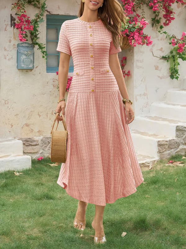 Wenrine Elegant Textured Button Midi Dress