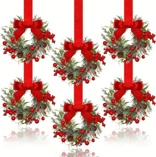 6-Pack 10" Christmas Mini Cabinet Wreaths for Kitchen with Ribbon Bows Red Berry