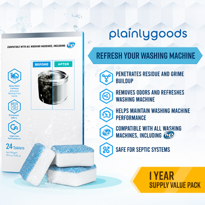 Plainlygoods Washing Machine Cleaner Tablets – Deep Clean, Deodorize & Refresh, 12 Count