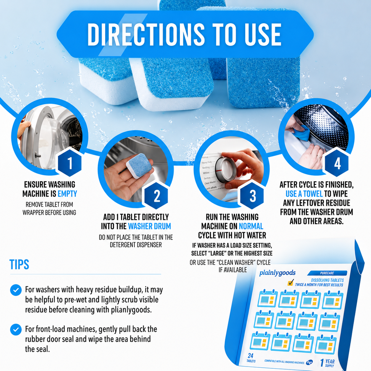 Plainlygoods Washing Machine Cleaner Tablets – Deep Clean, Deodorize & Refresh, 12 Count
