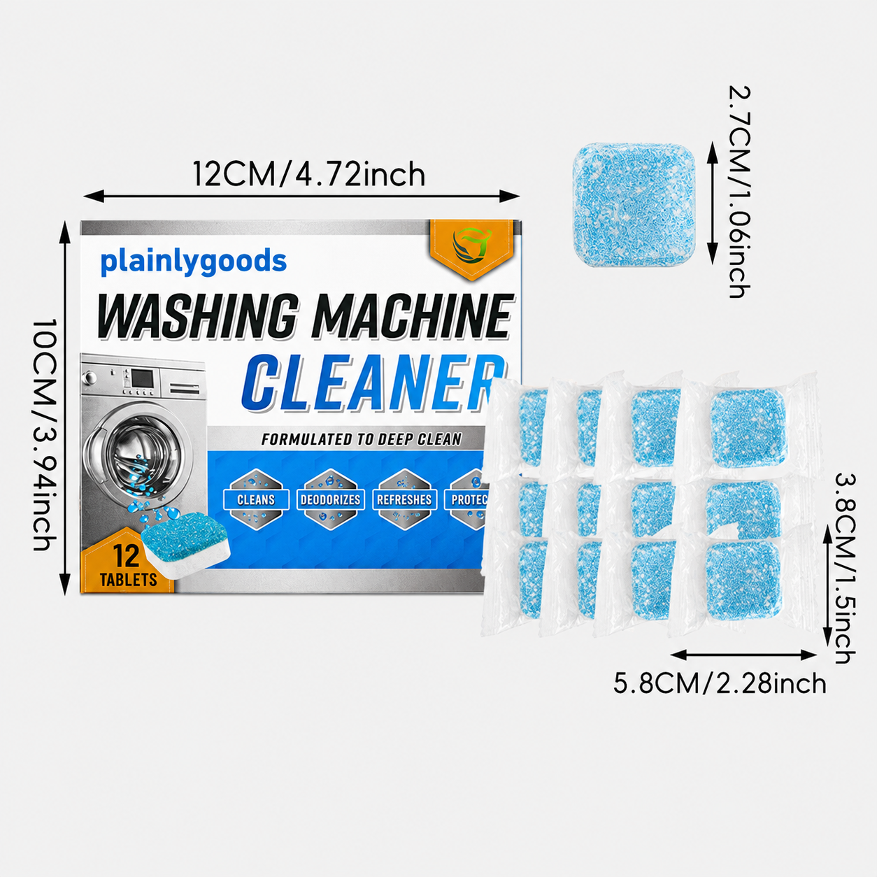 Plainlygoods Washing Machine Cleaner Tablets – Deep Clean, Deodorize & Refresh, 12 Count