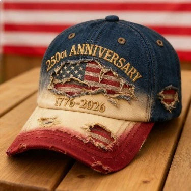 250th Anniversary 1776-2026 Distressed Denim Baseball Cap for Men American Flag Embroidery