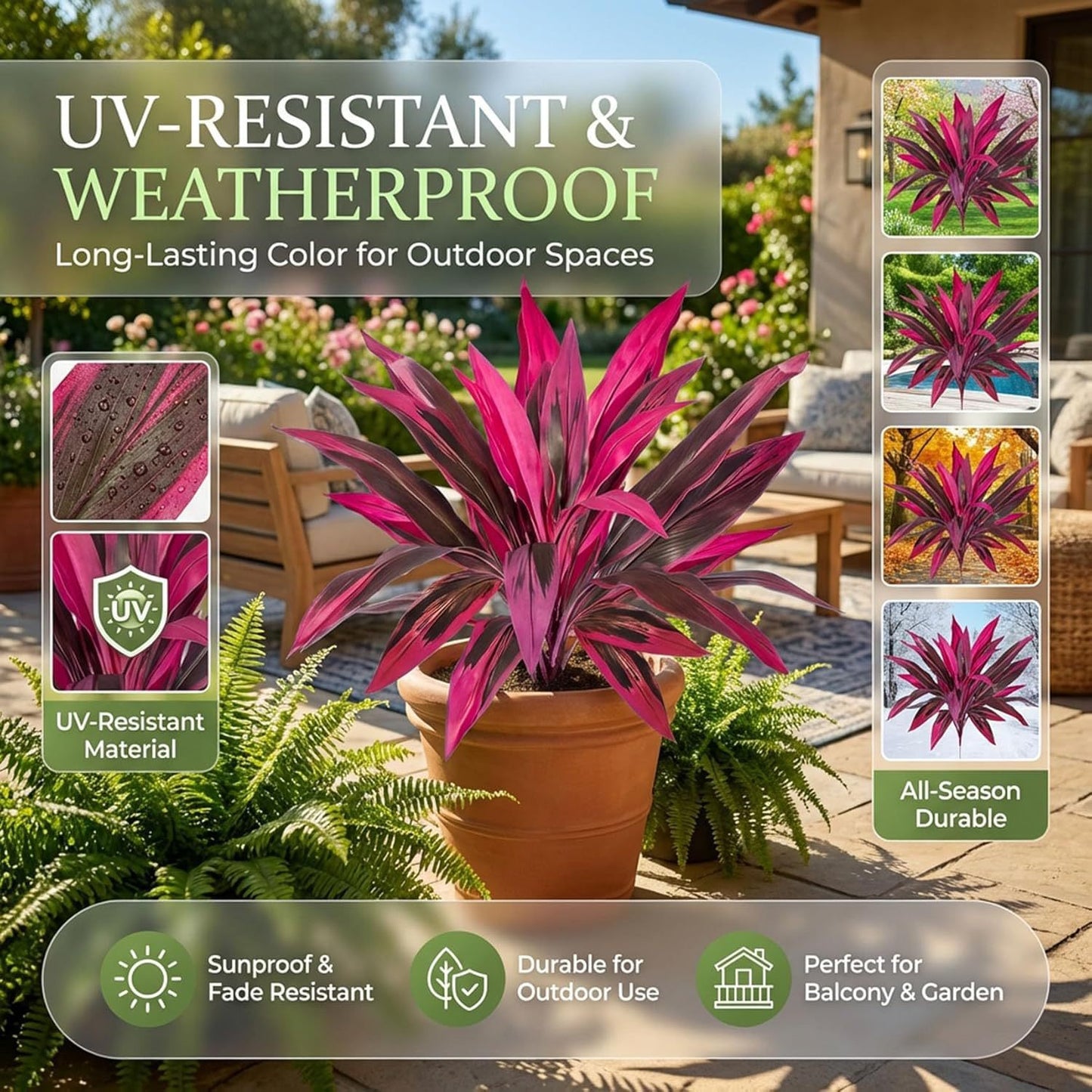 2Pcs Artificial Boston Fern & Dragon's Blood Tree Plants | Vibrant Pink Purple Faux Plants for Garden Patio Balcony Decor 🌼