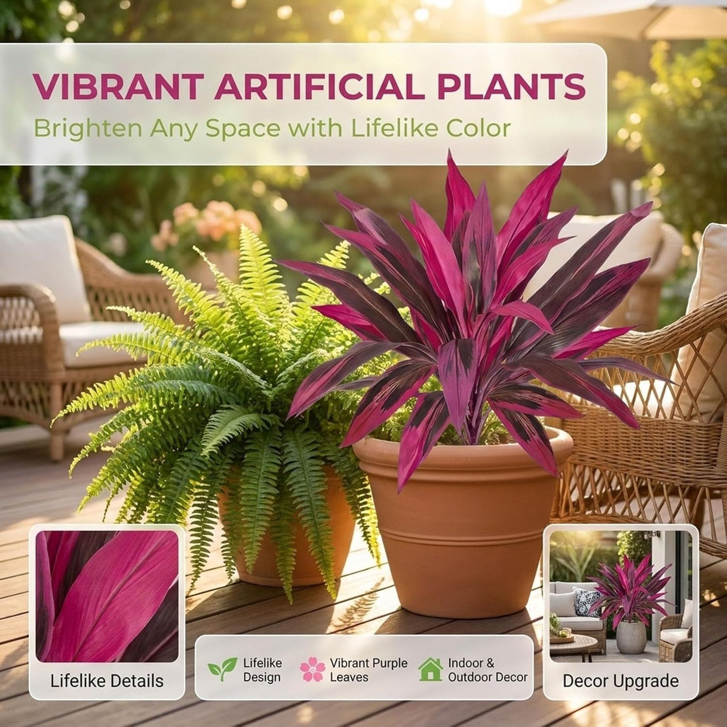 2Pcs Artificial Boston Fern & Dragon's Blood Tree Plants | Vibrant Pink Purple Faux Plants for Garden Patio Balcony Decor 🌼