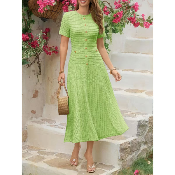 Wenrine Elegant Textured Button Midi Dress