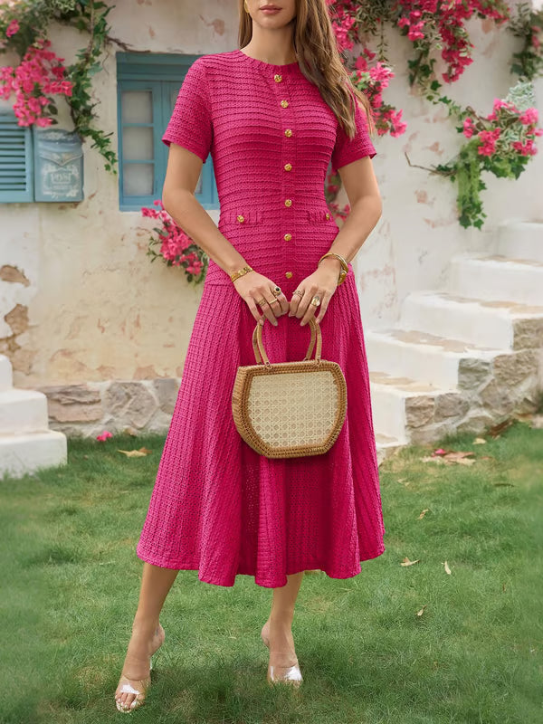 Wenrine Elegant Textured Button Midi Dress