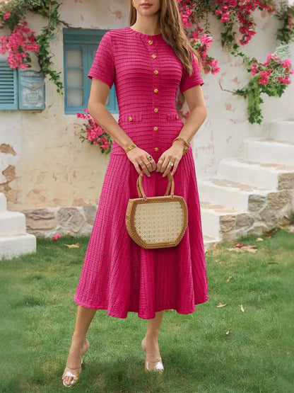 Wenrine Elegant Textured Button Midi Dress