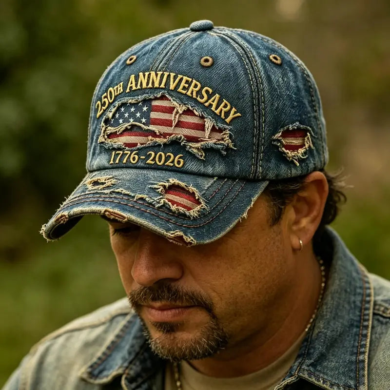 250th Anniversary 1776-2026 Distressed Denim Baseball Cap for Men American Flag Embroidery