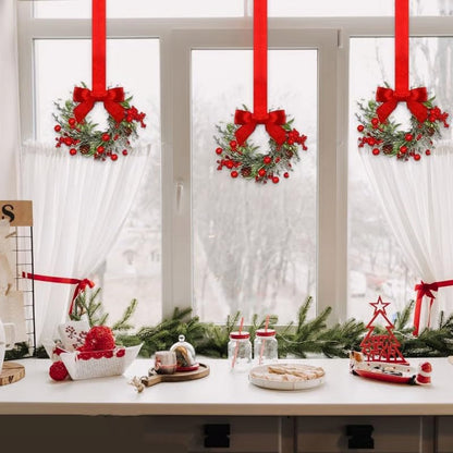 6-Pack 10" Christmas Mini Cabinet Wreaths for Kitchen with Ribbon Bows Red Berry
