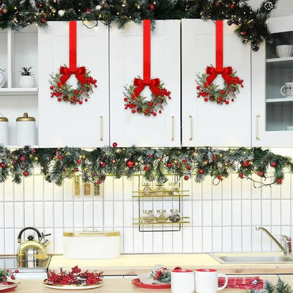 6-Pack 10" Christmas Mini Cabinet Wreaths for Kitchen with Ribbon Bows Red Berry