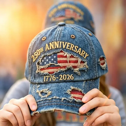 250th Anniversary 1776-2026 Distressed Denim Baseball Cap for Men American Flag Embroidery