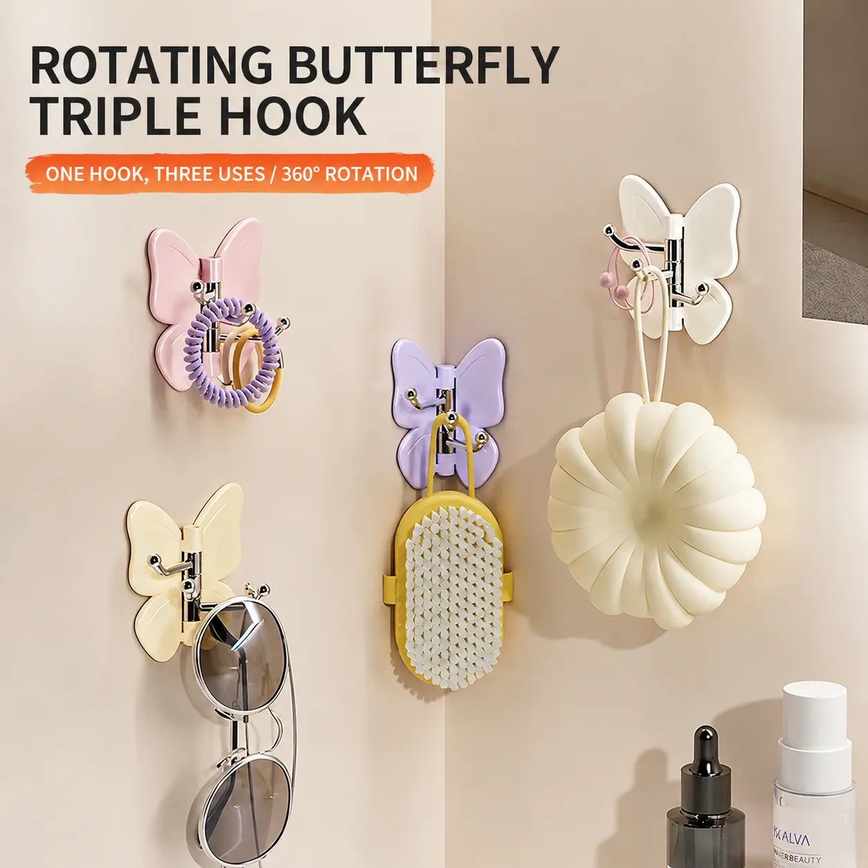 4-Pack Rotating Butterfly Adhesive Wall Hooks – No-Drill Towel & Key Organizer