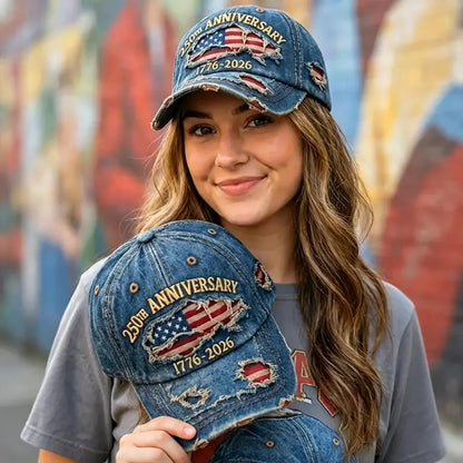 250th Anniversary 1776-2026 Distressed Denim Baseball Cap for Men American Flag Embroidery